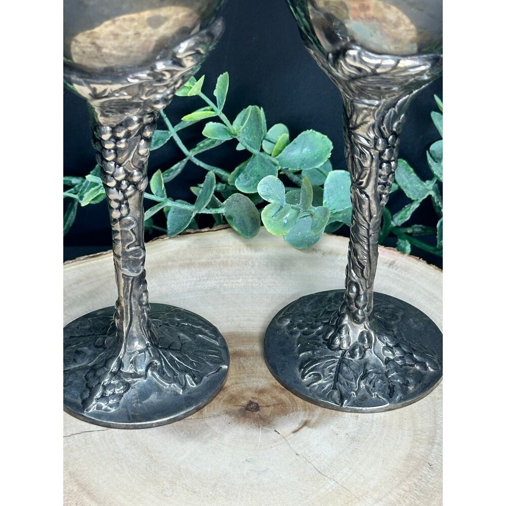 Vintage Pair Godinger Silver Plated Goblets Grapevine‎ Stem Wine Chalice Cups 8”